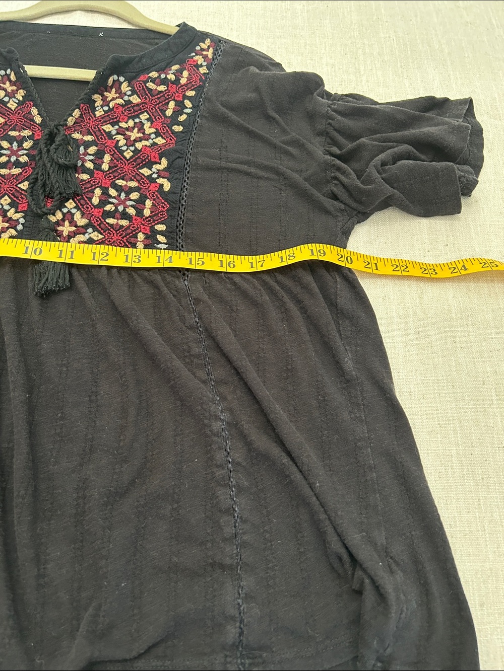 Bohemian Embroidered Flutter Sleeve Tassel Tie Front Top Flowy Feminine Hemline - Picture 8 of 11